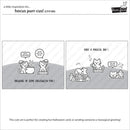 A product preview sheet for a hocus purr-cus! (LF4186) design by Beaver Creek, showing two side-by-side cartoon panels of cats with potion bottles and Halloween-themed speech bubbles on a white background with product text.