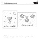 A black and white stamp set preview sheet from Laurel & Rose featuring cute moth illustrations and phrases, including 'you light up my life' and 'i love you very moth!'. The sheet includes product title text, a small brand logo, two sample card designs, and a Try This! usage note at the bottom.
