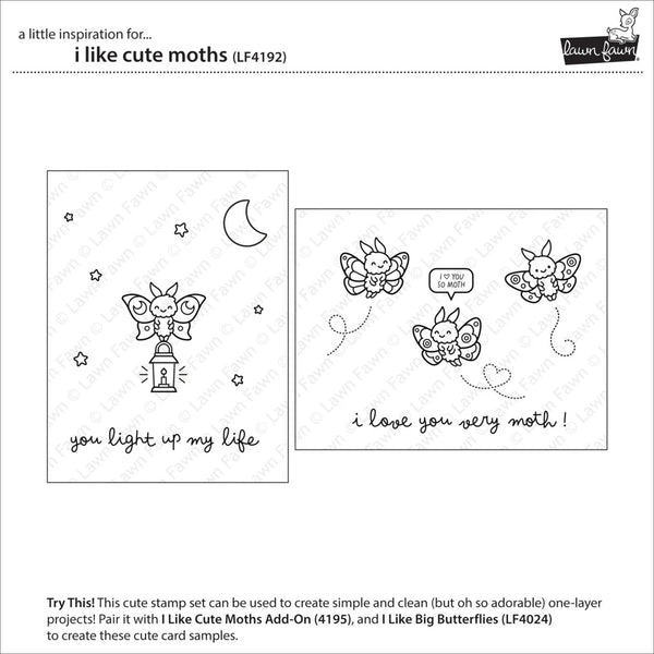 A black and white stamp set preview sheet from Laurel & Rose featuring cute moth illustrations and phrases, including 'you light up my life' and 'i love you very moth!'. The sheet includes product title text, a small brand logo, two sample card designs, and a Try This! usage note at the bottom.