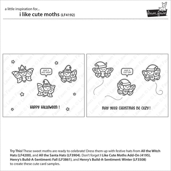 A product sheet showing two black-and-white line-art card designs with cute moths in witch and Santa hats, plus text reading 'Happy Halloween!' and 'May your Christmas be cozy!'. The sheet includes the title 'I like cute moths (LF4192)', a 'Build-a-Gift' logo, and small watermark text across the page.