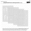Gingerbread house coloring stencils set LF4258 by Queen & Bavette, shown as four overlapping translucent stencil sheets with various gingerbread house shaped cutouts and designs on a white background with product instructions.