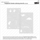 Fangtastic Friends coloring stencils sheet LF4228 by Lawn Fawn, featuring gray plastic stencil templates with bunny, mushroom, tree, and cloud outlines on a white background with product instructions.
