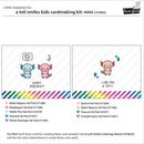 A product information graphic for the 'a lot! smiles kids cardmaking kit: mini' by Doodle Dream Studio. The graphic shows two sample card designs featuring cute cartoon axolotls, along with a list of included ink pads and a stencil.