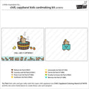 A product information sheet for the 'chill, capybara! kids cardmaking kit' by Paper Garden. The sheet features sample card designs showing a capybara in a hot bath and a capybara holding a 'FROM ME' card, along with a row of available ink pad icons and a list of compatible ink pad models at the bottom.
