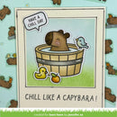 A handmade greeting card featuring a cute cartoon capybara in a wooden bath tub with a small bird and duck, with the text 'HAVE A CHILL DAY!' and 'CHILL LIKE A CAPYBARA!'. The card is displayed on a light blue patterned background.