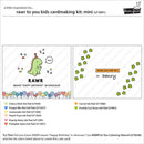 A product information sheet for the 'raw to you kids cardmaking kit: mini' (LF3991) by Paper Queen. The sheet features two example cards created using the included ink pads and coloring stencil, along with a list of the colored ink pads used (celery stick, forget-me-not, lemonade, peach fuzz, pumpkin spice, and green grass).