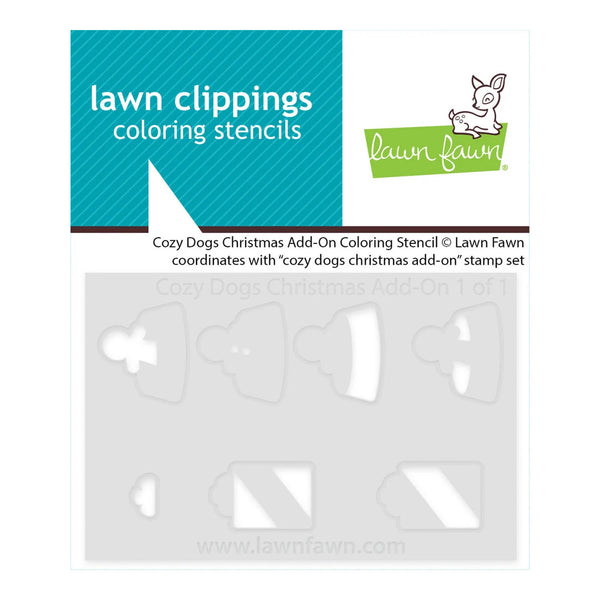 Lawn Fawn 'Cozy Dogs Christmas Add-On' coloring stencils package, featuring six white die-cut stencil shapes on a light gray sheet, with a teal and white header card showing the Lawn Fawn logo and product title.