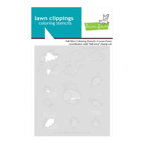 Lawn Fawn 'lawn clippings' coloring stencils sheet, featuring die-cut outlines of autumn leaves, acorns, and a mouse in a light gray plastic sheet, with a teal and green header card.
