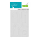 Lawn Clippings Coloring Stencils sheet by Lawn Fawn, featuring six gingerbread house-themed stencil shapes on a white card with a teal and green header.