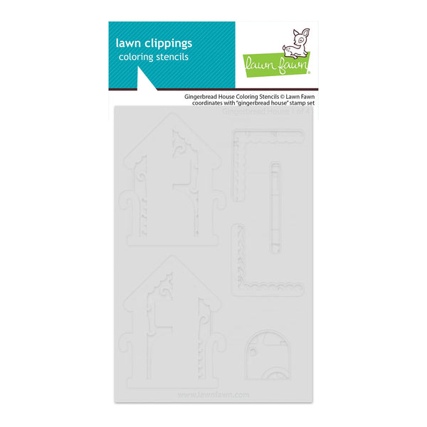 Lawn Clippings Coloring Stencils sheet by Lawn Fawn, featuring six gingerbread house-themed stencil shapes on a white card with a teal and green header.
