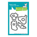 Lawn Fawn custom craft dies set in retail packaging, featuring four die-cut shapes for making 'lawn cuts' on a white background.