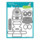 Lawn Fawn custom craft dies sheet featuring a layered bunny design with multiple metal cutting templates, shown on a white background with a teal Lawn Fawn branded border.