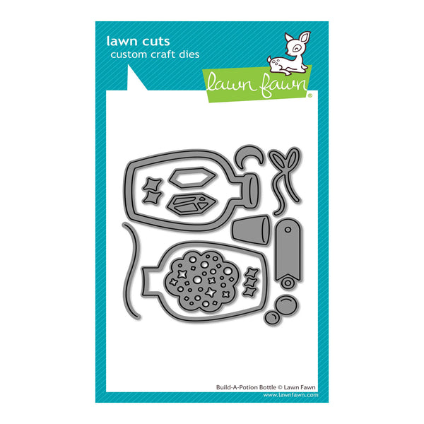 Lawn Fawn custom craft dies set in a Build-A-Potion Bottle design, shown as a gray metal die template on a white card with a teal and green Lawn Fawn branded header.