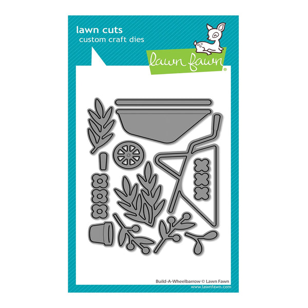 Lawn Cuts custom craft dies set with wheelbarrow design on a blue and white background