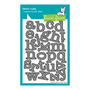 Lawn Fawn custom craft dies featuring alphabet letter cutouts, shown on a white sheet with a teal border. The Lawn Fawn logo is visible at the top, and the letters are arranged vertically in a grid.