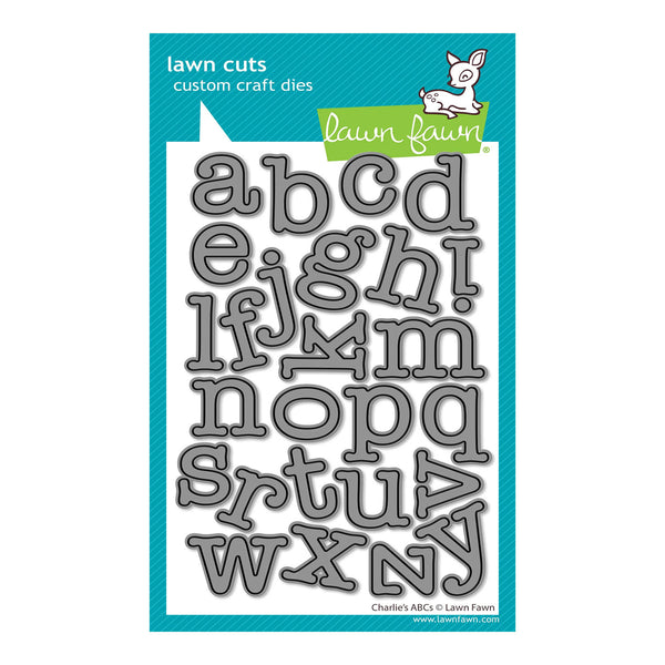 Lawn Fawn custom craft dies featuring alphabet letter cutouts, shown on a white sheet with a teal border. The Lawn Fawn logo is visible at the top, and the letters are arranged vertically in a grid.