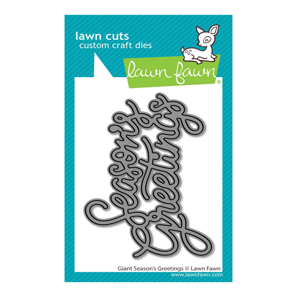 Lawn Fawn custom craft dies featuring the phrase 'Giant Season's Greetings' in cursive script, shown on the retail backing card.