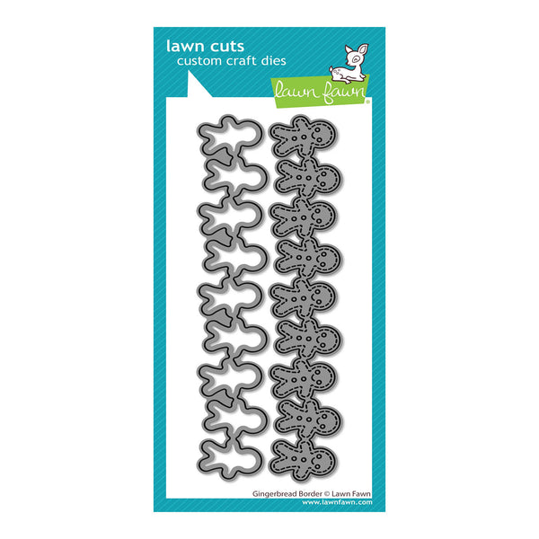 Lawn Fawn 'Gingerbread Border' custom craft dies in a teal and white retail package, featuring two rows of gingerbread man-shaped metal dies.