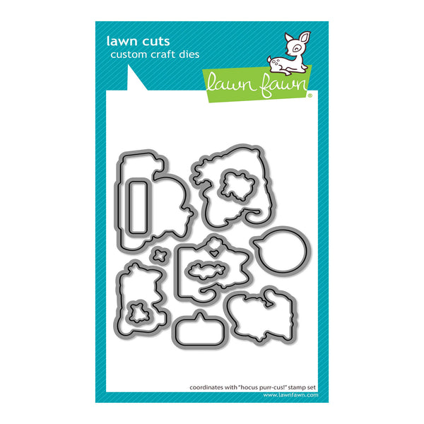 Lawn Fawn custom craft dies set in a teal and white retail card package, featuring multiple metal die shapes for crafting.