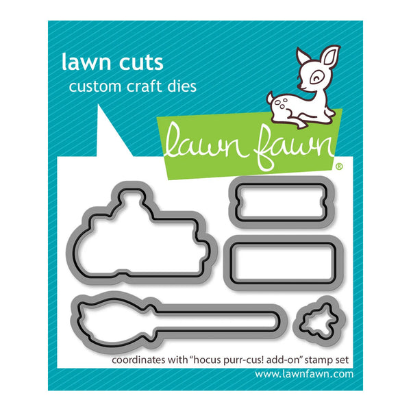 Lawn Fawn custom craft dies package featuring four metal die shapes: a speech bubble, a ticket, a bow tie, and a star, on a teal and white card with the Lawn Fawn logo.