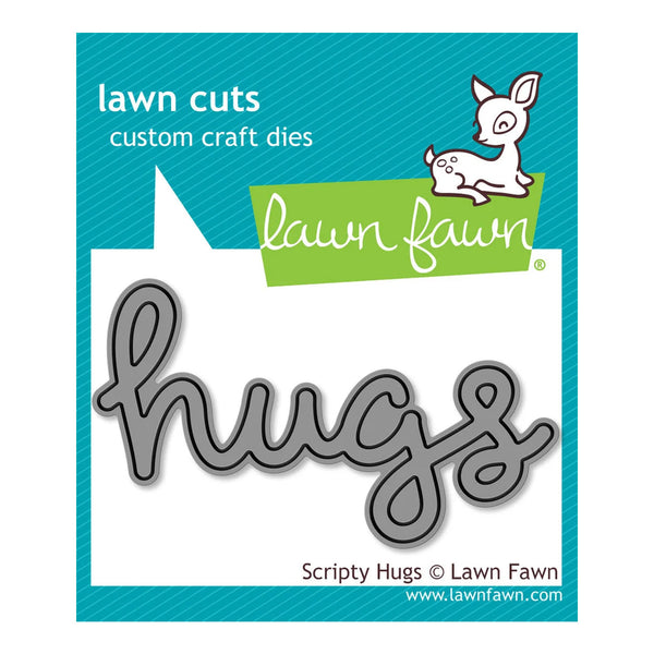 Lawn Fawn 'Scripty Hugs' custom craft dies shown on their retail packaging card. The packaging features a teal background with a white speech-bubble shape containing the gray metal script die, along with the Lawn Fawn logo and brand name.