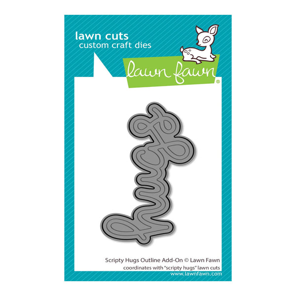 Lawn Fawn custom craft dies set in 'Scripty Hugs Outline Add-On', featuring a gray metal die cutout on its original teal and white retail packaging card.