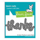 Lawn Fawn 'thanks' custom craft die packaging, featuring a gray metal script die with a black outline on a white card with a teal patterned border and a small white deer illustration.