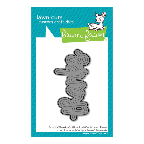 Lawn Fawn 'lawn cuts' custom craft dies package featuring a script-themed metal die set on a white card with a teal border and the Lawn Fawn logo.