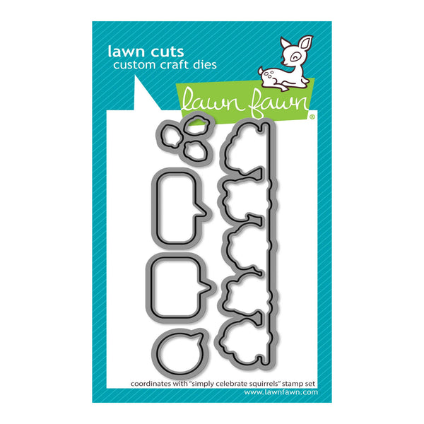 Lawn Fawn custom craft dies set in its retail packaging, featuring metal stamping dies for creating leaf, paw print, and squirrel-shaped cutouts, with a teal and white background and a green Lawn Fawn logo banner.