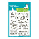 Lawn Fawn photopolymer clear stamps on a teal backing card, featuring Christmas mouse-themed phrases and illustrations including a stocking, gift box, candy cane, and holiday sayings.