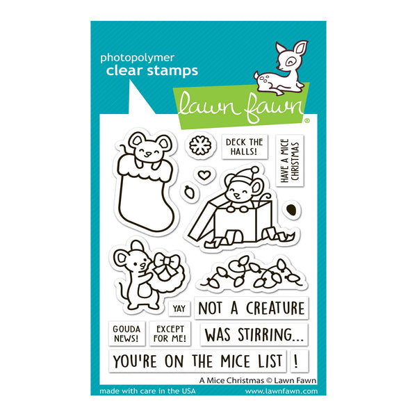 Lawn Fawn photopolymer clear stamps on a teal backing card, featuring Christmas mouse-themed phrases and illustrations including a stocking, gift box, candy cane, and holiday sayings.