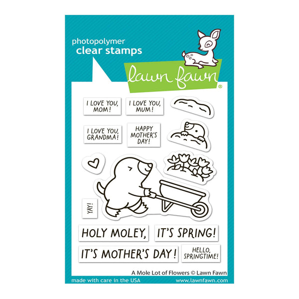 Lawn Fawn photopolymer clear stamps with Mother's Day-themed designs on a blue background