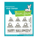 Lawn Fawn photopolymer clear stamps featuring nine witch hat designs and two text stamps reading 'HAPPY HALLOWEEN!' and 'EEK!'. The product is displayed on its teal and white retail backing card with the Lawn Fawn logo and website.