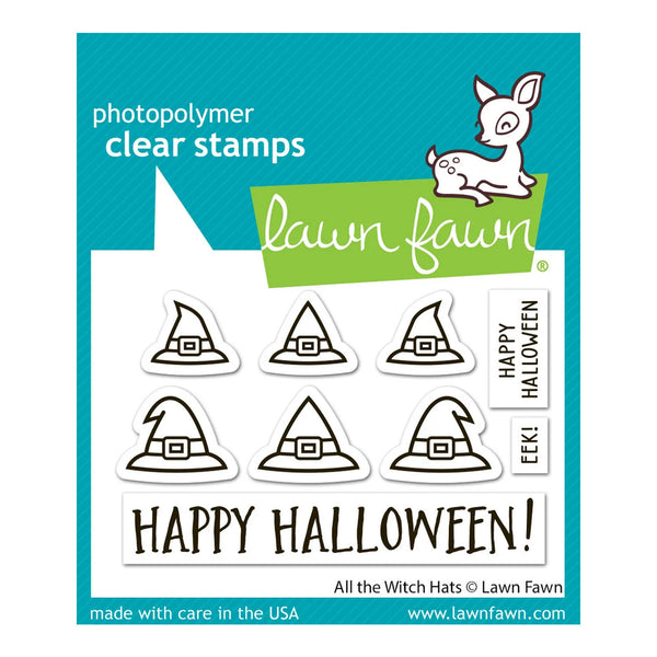 Lawn Fawn photopolymer clear stamps featuring nine witch hat designs and two text stamps reading 'HAPPY HALLOWEEN!' and 'EEK!'. The product is displayed on its teal and white retail backing card with the Lawn Fawn logo and website.