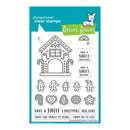 Lawn Fawn photopolymer clear stamps in the Gingerbread House collection, featuring a large gingerbread house, candy canes, gingerbread men, cookies, and holiday phrases on a white sheet with a teal backing card.