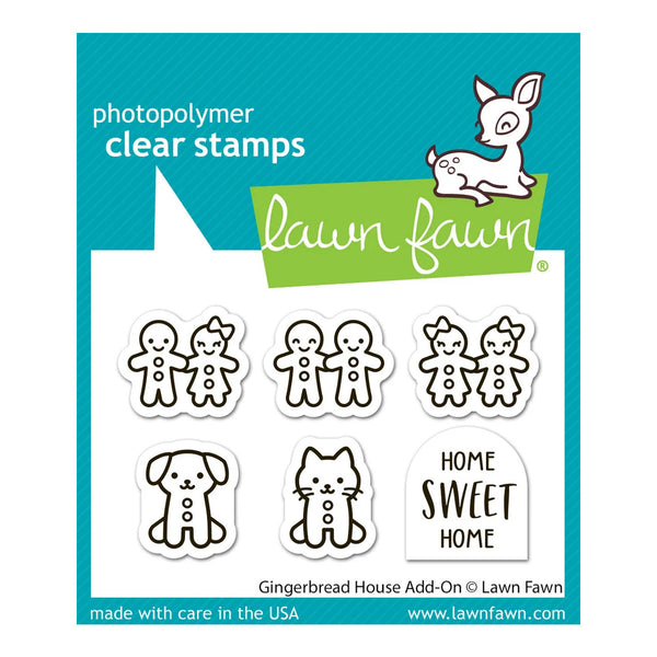 Lawn Fawn photopolymer clear stamps package featuring gingerbread people, a dog, a cat, and a 'Home Sweet Home' sign on a teal and white card.
