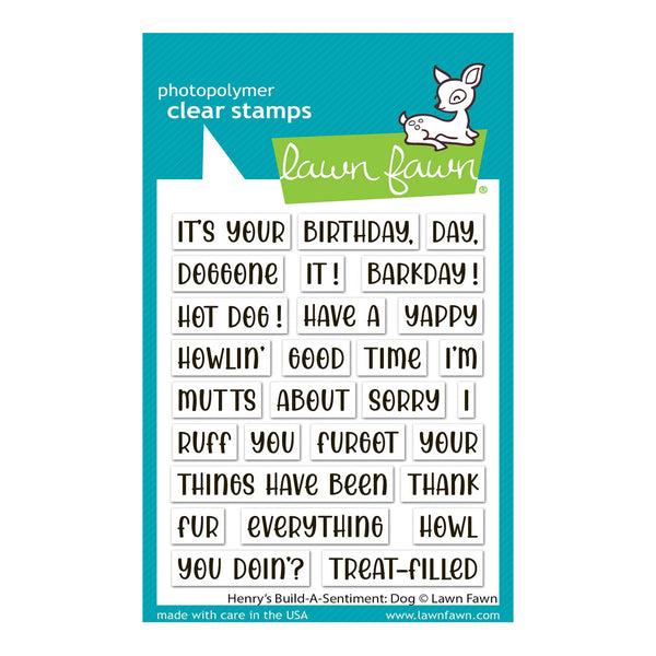 Lawn Fawn photopolymer clear stamps card featuring multiple rectangular stamp blocks with humorous phrases, shown on a teal card with the Lawn Fawn logo and a small white bunny illustration.