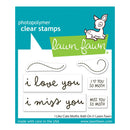 Lawn Fawn photopolymer clear stamps package featuring four stamp designs: 'i love you', 'i miss you', 'I ♥ YOU SO MOTH', and 'MISS YOU SO MOTH', with a cute white deer illustration on a teal and white card.