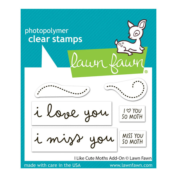 Lawn Fawn photopolymer clear stamps package featuring four stamp designs: 'i love you', 'i miss you', 'I ♥ YOU SO MOTH', and 'MISS YOU SO MOTH', with a cute white deer illustration on a teal and white card.