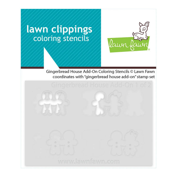 Lawn Fawn gingerbread house add-on coloring stencils package, showing a gray sheet with four embossed gingerbread house outlines and product branding at the top.