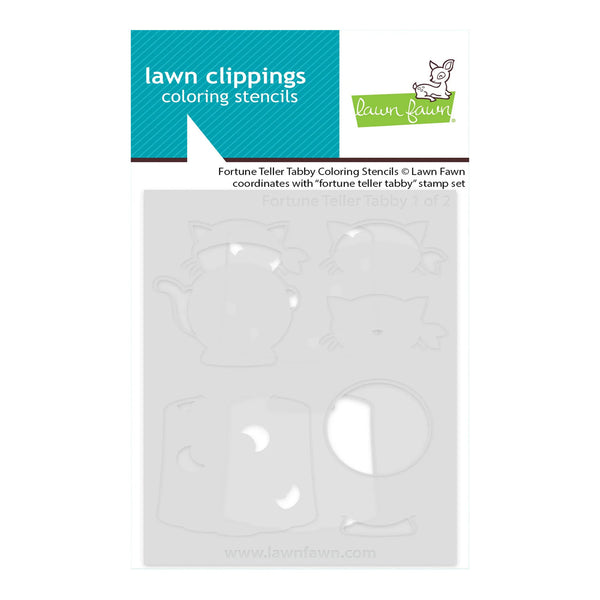 Lawn Clippings Coloring Stencils by Lawn Fawn, featuring a white backing card with a teal header and a sheet of light gray stencils showing cat and teapot outlines.