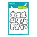 Lawn Fawn custom craft dies package featuring nine die-cut shapes for creating lawn and dog silhouettes, shown on a teal and white card with the Lawn Fawn logo.