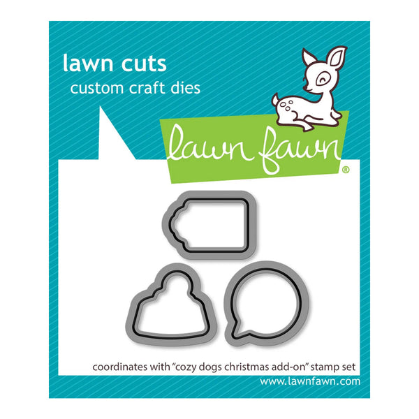 Lawn Fawn custom craft dies package featuring three metal die shapes for lawn cuts, shown on a teal and white card with the Lawn Fawn logo.