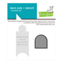 Lawn Fawn 'lawn cuts + stencil' bundled set packaging showing a gingerbread house drop-down add-on set and a reveal wheel stencil.