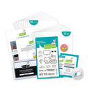 A craft stamp set and ink pad kit arranged on a white background, including a stack of clear stamp sheets, a central stamp card with bunny and tea-themed graphics, instruction sheets, a black ink pad labeled 'inn fundamentals' and 'engraver's stamp', a roll of white tape with pink dots, and two small printed cards.