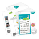 Lawn Fawn photo polymer clear stamps set with a 10-pack of clear stamps, instruction sheets, a sticker, and a roll of patterned tape on a white background.