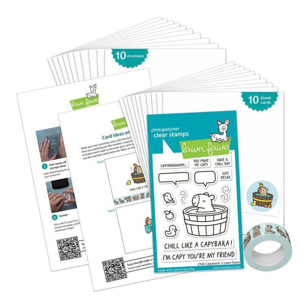A craft stamp set and stamp cards from Camper Lane, featuring a clear stamp sheet with duck illustrations, a roll of matching duck-themed washi tape, and several printed stamp instruction cards arranged on a white background.