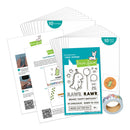 A craft kit layout featuring a clear stamp card package labeled 'rawr clear stamps' by Lawn Fawn, surrounded by printed card templates, a roll of decorative tape, and a small sticker on a white background.