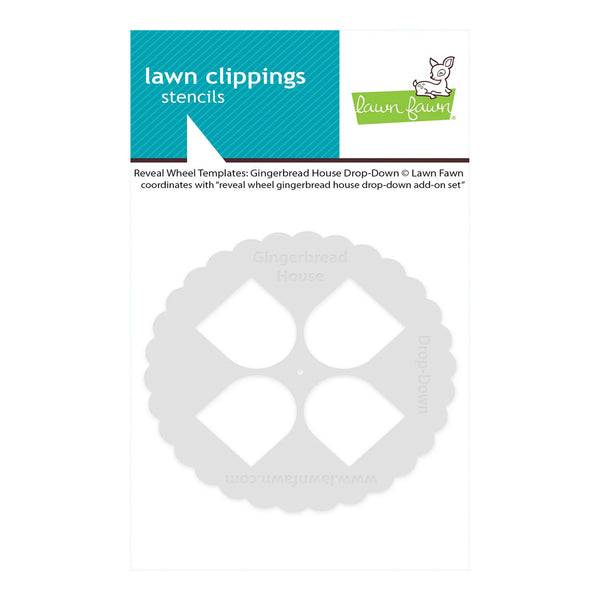 Lawn Fawn 'lawn clippings stencils' package showing the 'Gingerbread House Drop-Down' stencil template, featuring a teal and white header with the Lawn Fawn logo and a large gray scalloped circular stencil graphic on a white background.