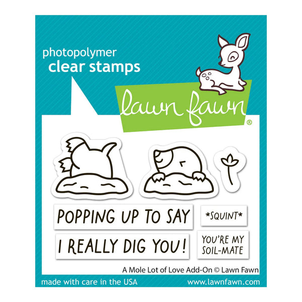 Lawn Fawn photopolymer clear stamps with cartoon animals and text on a blue background